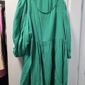eesome Emerald Green Gauze Puff-Sleeve Midi Dress